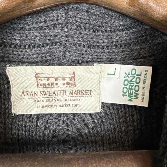 Aran Chunky Cable Knit Fisherman Cardigan Sweater Size M Gray Merino Wool Pocket - Picture 2 of 5